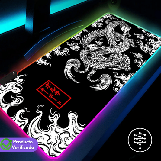Tapete de Escritorio para Juegos XXL RGB con Dragón - Accesorio para Jugadores - Alfombrilla Grande para Ratón con Luces LED y Retroiluminación HD - Negro